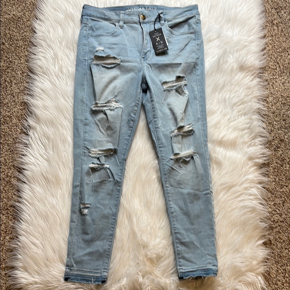 American Eagle, Distressed Light Blue High Rise Jeggings, Size 14